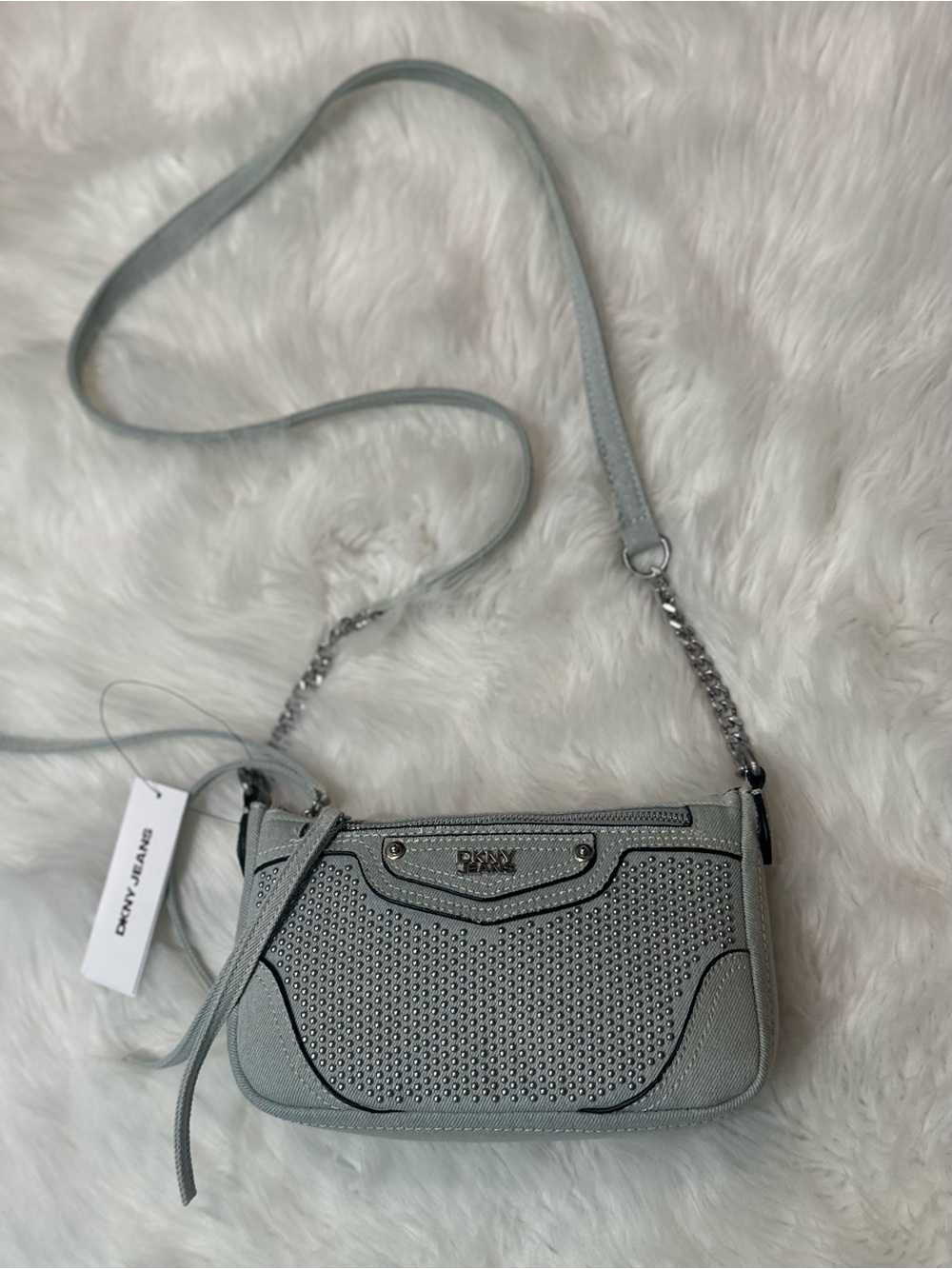 Dkny Light Gray Studded Leather Crossbody Bag